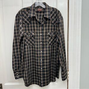 Plains western wear pearl snap button‎ down long sleeve shirt men's large